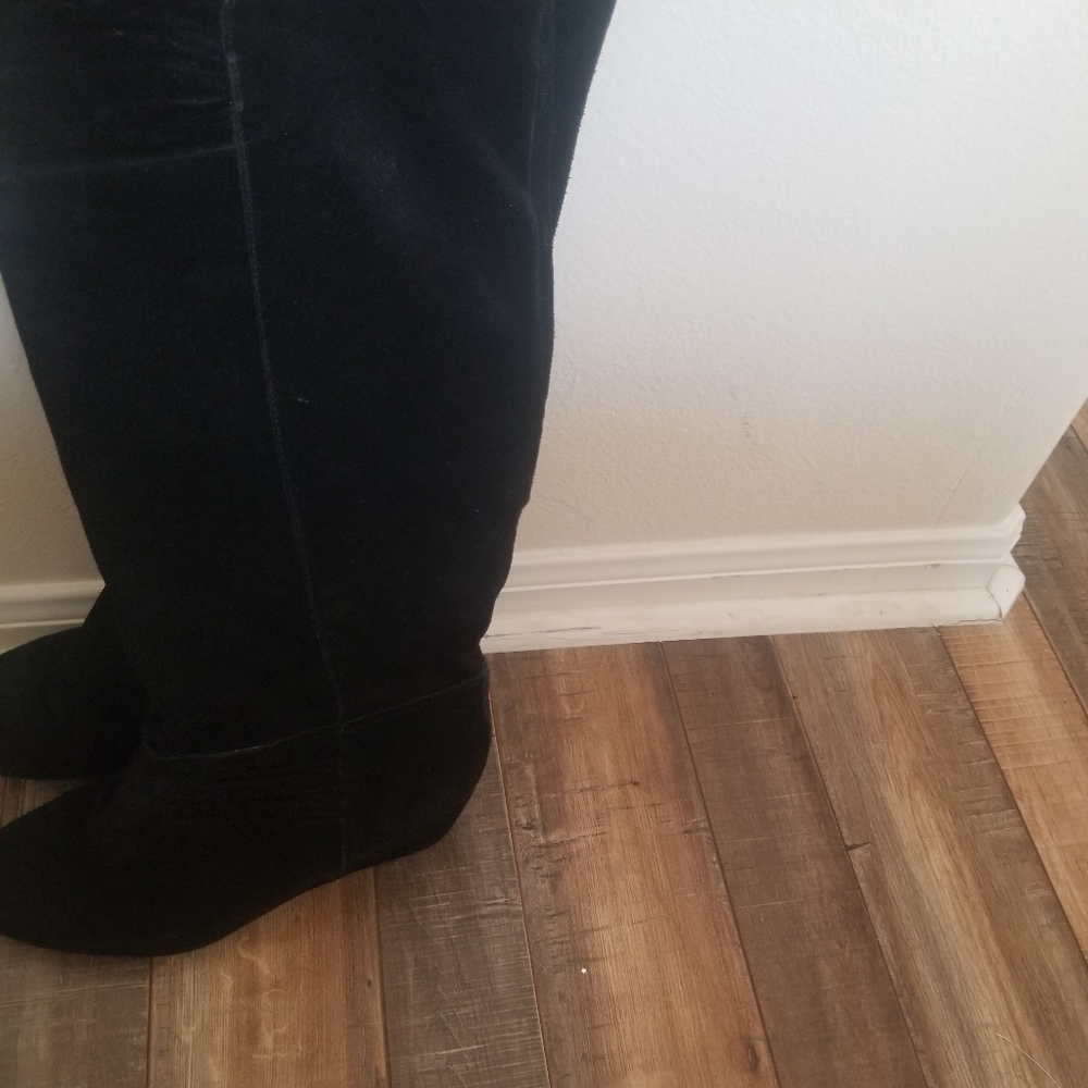 Nine West Black Suede leather wedge high knee boots size 9